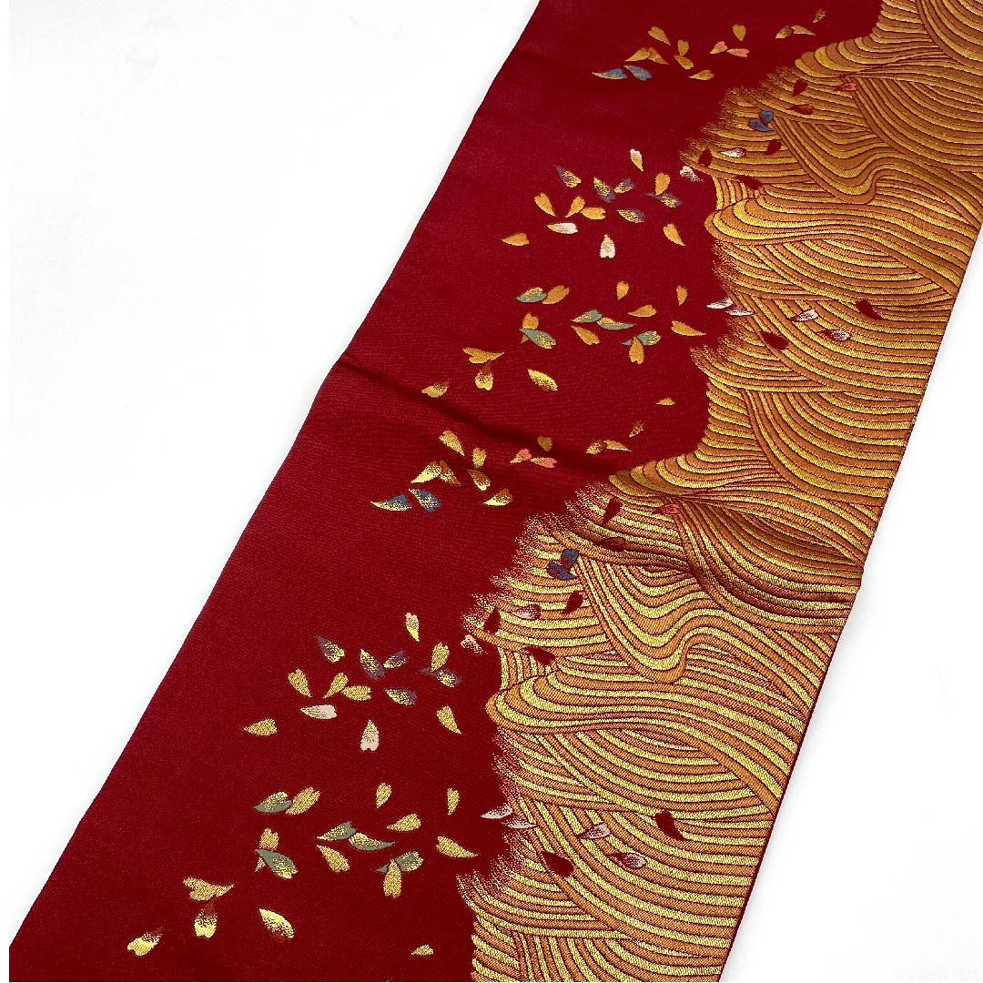 Nagoya obi, Kyoto fukuro obi, raw crimson, cherry blossom, abstract pattern, obi length 369cm, poly, A rank, full length, semi-formal, vermilion, 1124003433316, open style