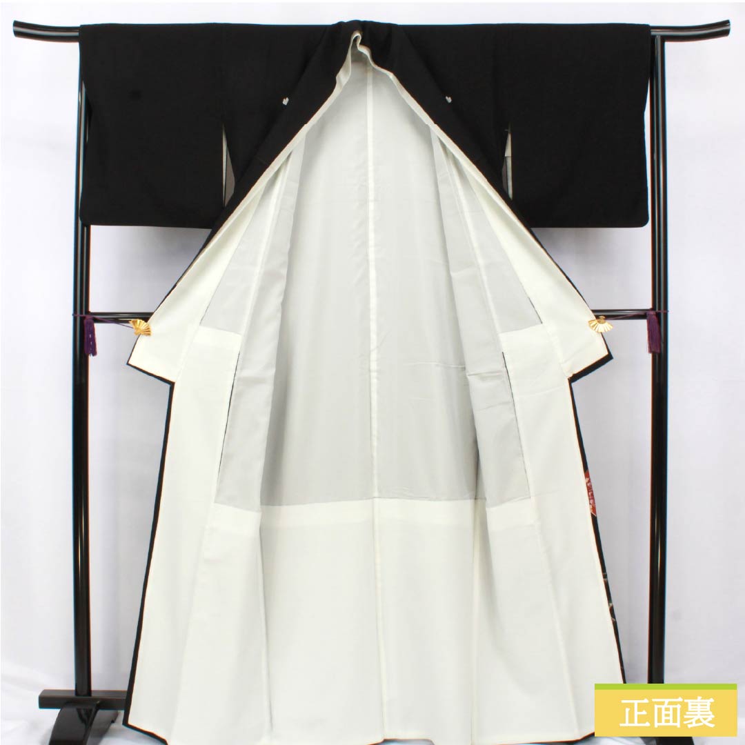 Black Tomesode Kimono, Polyester, Rank A, Length 163.5cm, Sleeve Length 64cm, Lined, Five Crests, Paulownia, Auspicious Patterns of Cranes, Pine Trees, and Plum Blossoms, Washable, Black, Item Number 1111001833410