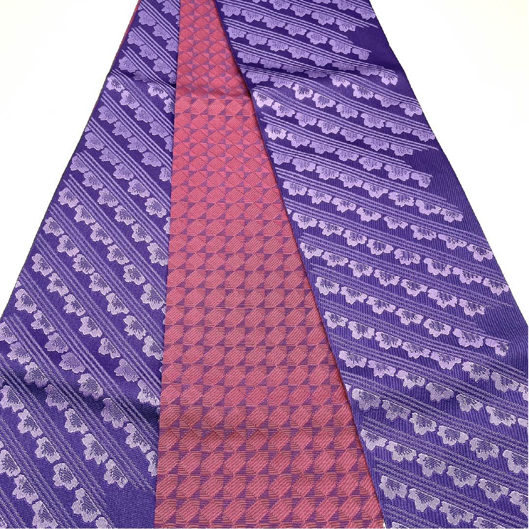 Half-width obi, polyester, bellflower-colored (kikyo-iro) floral and geometric patterns, purple, 360cm long, S rank, 1125002242320
