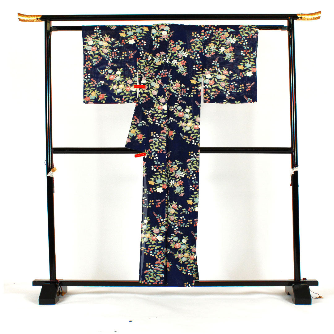 小紋 身丈159cm 裄丈62cm 絽  駒絽 花模様  正絹 Aランク 紺系 1115000743318