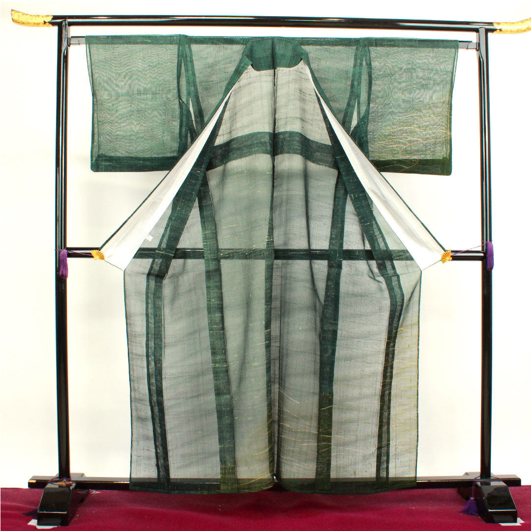Summer pure silk formal kimono, length 160cm, sleeve length 65cm, dark green, abstract pattern, pongee fabric, S rank, green 1132000572419