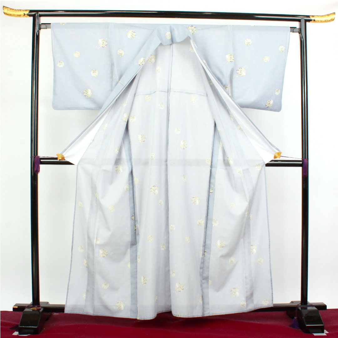 Summer kimono, polyester, small pattern, length 161cm, sleeve length 65cm, pale white, rabbit, floral pattern, washable kimono, silk, A rank, light blue, 1132000863424