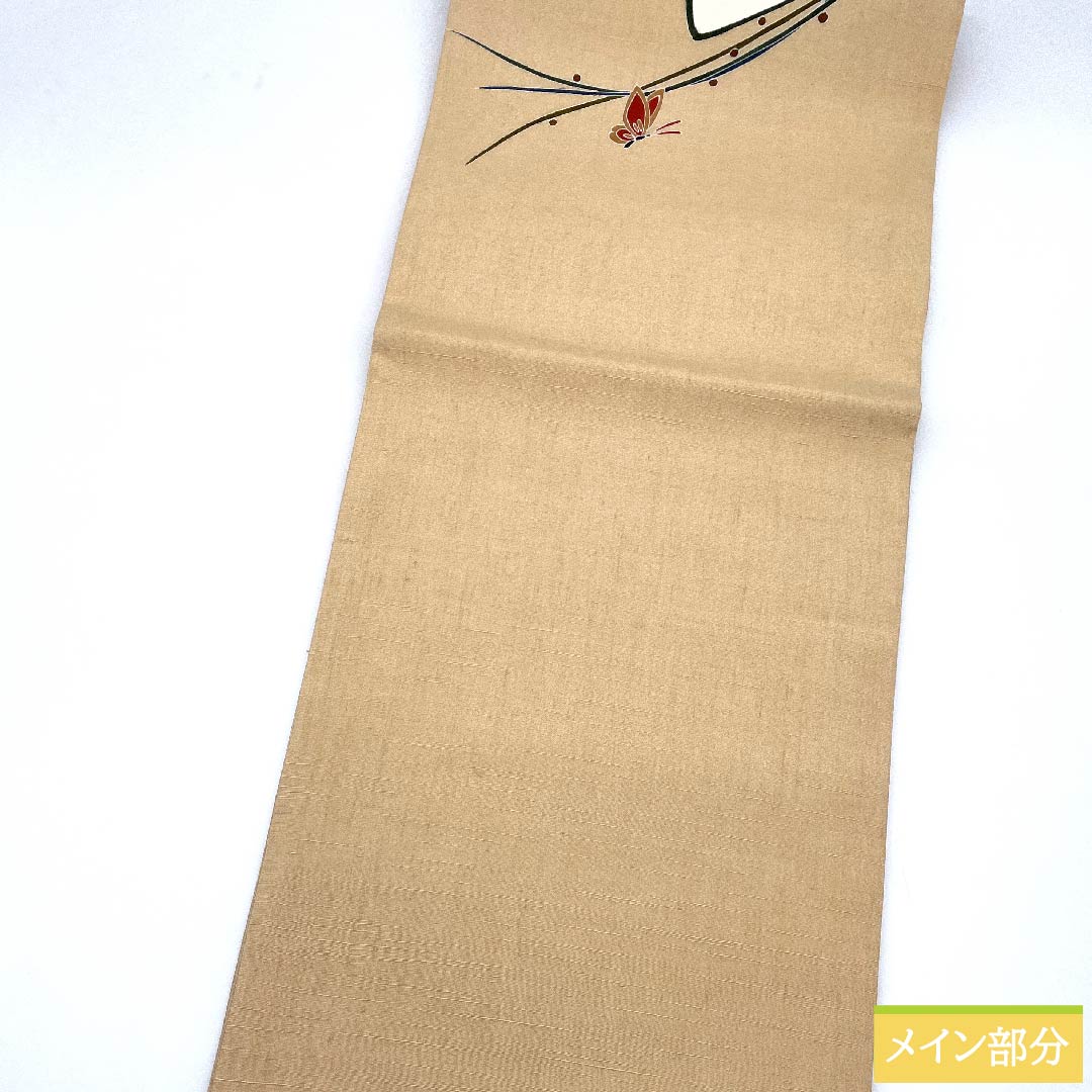 袋帯 薄柿色（うすがきいろ） 蝶 染め帯 紬地 帯丈462cm 正絹 Sランク ポイント柄 カジュアル 橙系 1123010622426