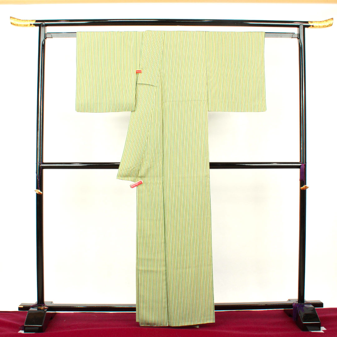 小紋 身丈164cm 裄丈62.5cm 袷  裏葉色 縞  正絹 Sランク 緑系 1115002782419