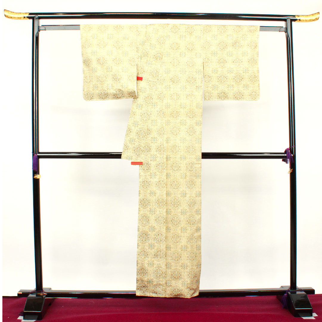 紬 身丈156cm 裄丈62cm 未使用品 しつけ糸付き 東京白茶色 抽象模様 正絹 Sランク 袷 クリーム系 1116002252315