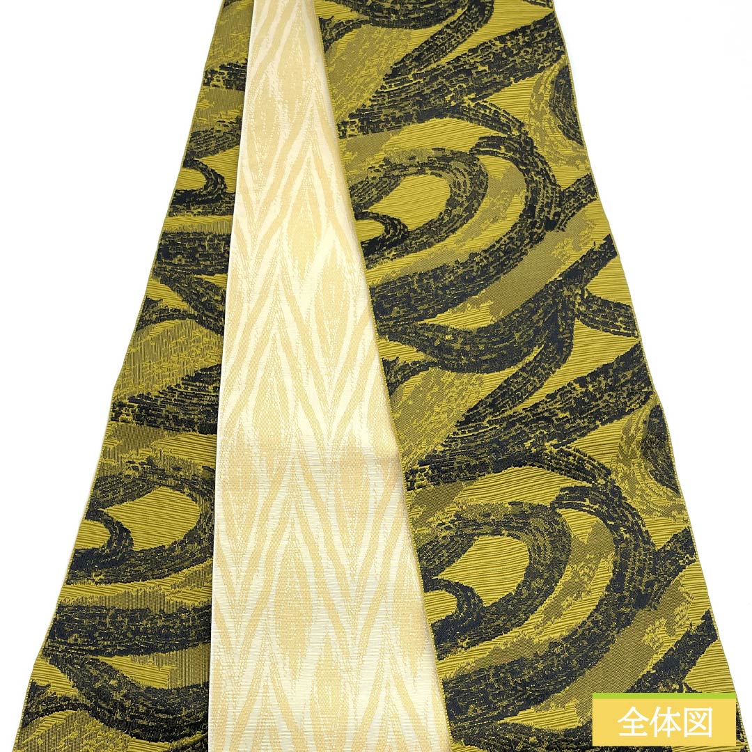 (New) Half-width obi, polyester, New rank, Rokōcha (light brown) and Torinoko (light yellow) with geometric patterns, reversible, obi length 400cm, green family, 1125002671419