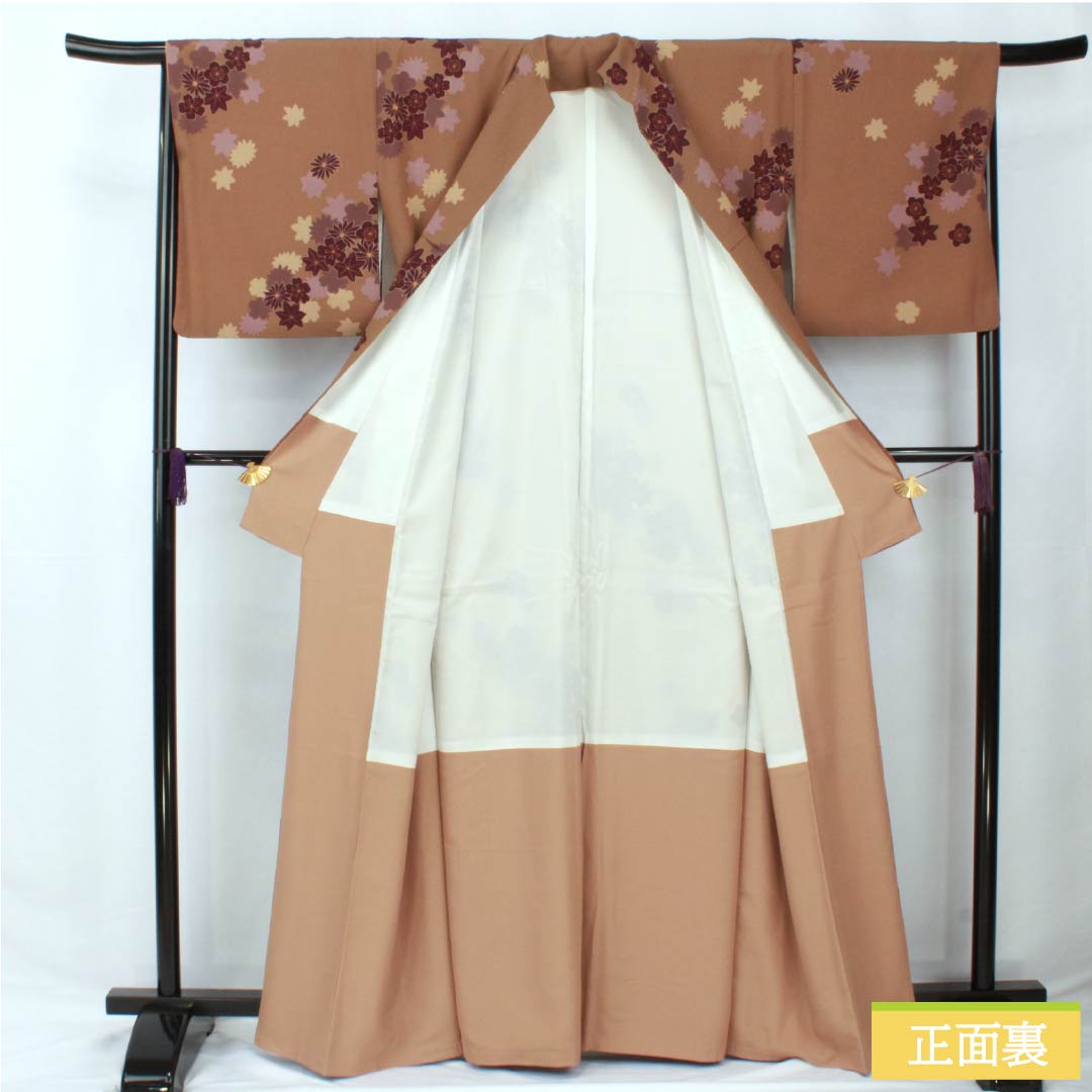 Small pattern, polyester, length 164.5cm, sleeve length 66.5cm, lined, hunting tiger brown (rakko brown), fukiyose, washable kimono, S rank, brown, 1115005802414
