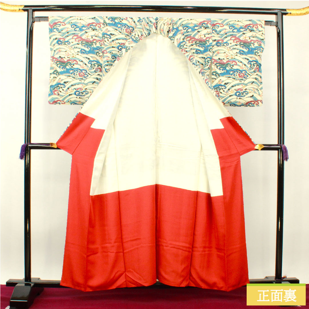 小紋 正絹 身丈157.5cm 裄丈62cm 袷 京紅型 波 Aランク 白系 1115004083311