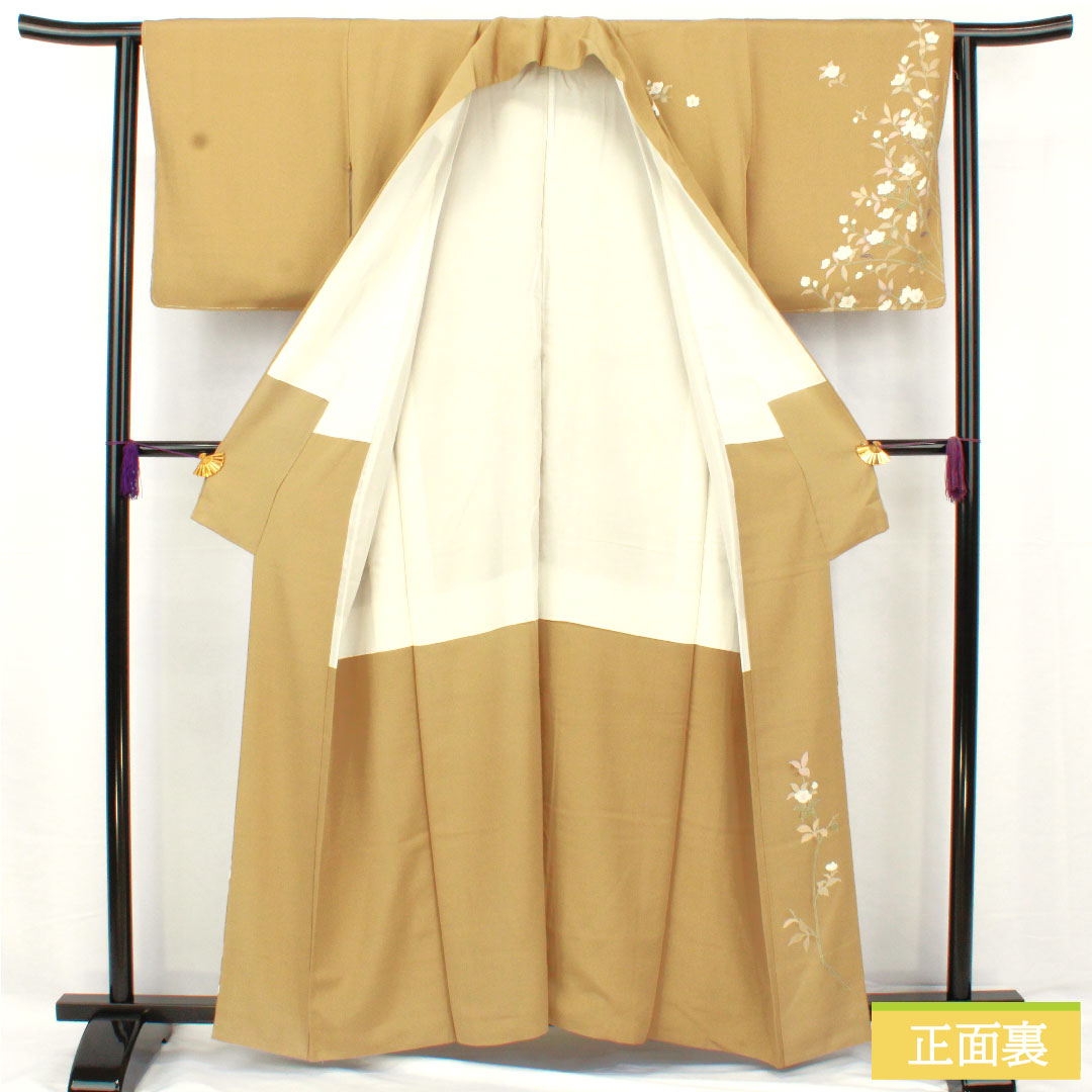 Homongi, pure silk, lined, length 159cm, sleeve length 62cm, yamamomoiro (Japanese plum color), Kyo-Yuzen, camellia, S rank, yellow, 1112005232323
