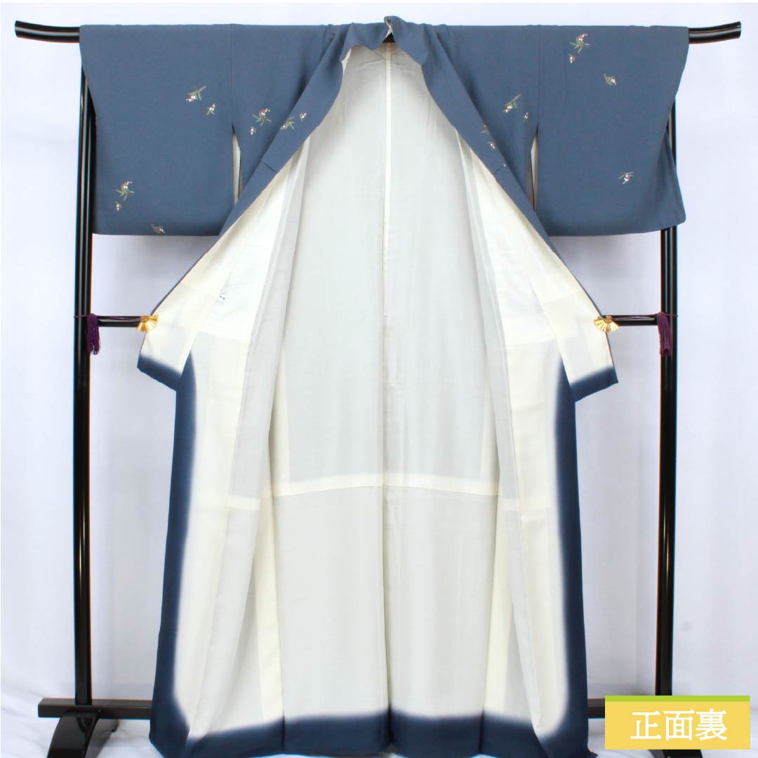 Komon (small pattern) kimono, pure silk, A rank, length 165cm, sleeve length 68cm, lined, lining color (urai-iro), small floral print, crepe fabric, pearl tone finish, blue, 1115007293517