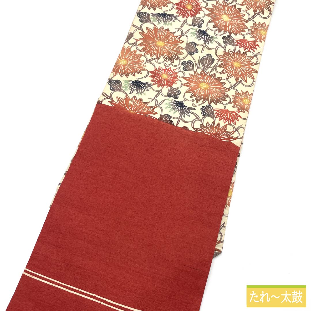 名古屋帯 正絹 Sランク 生成り色（きなりいろ） 型染 洋花模様 帯丈340cm 六通 カジュアル クリーム系 1124009772315 名古屋仕立て