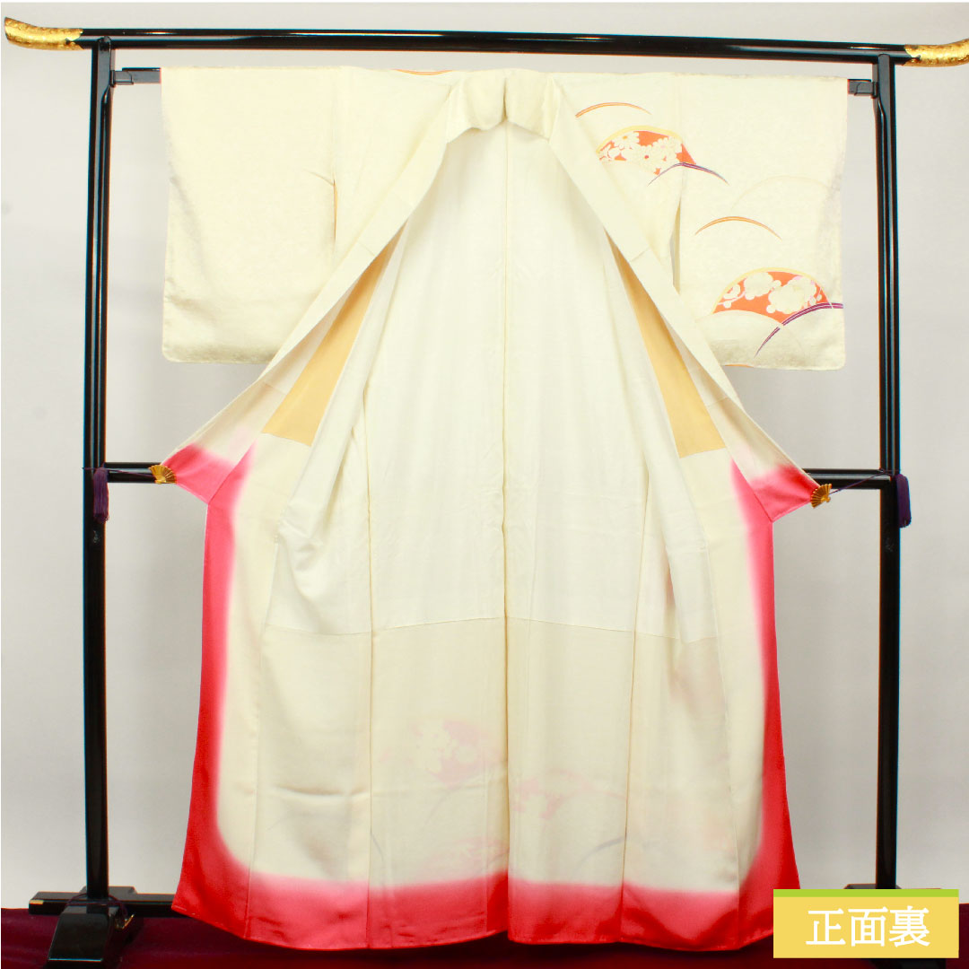 Homongi, pure silk, lined, length 162.5cm, sleeve length 63.5cm, milky white, Kyo-Yuzen, fan surface, floral pattern, basting thread included, unused, S rank, cream color, 1112003412415