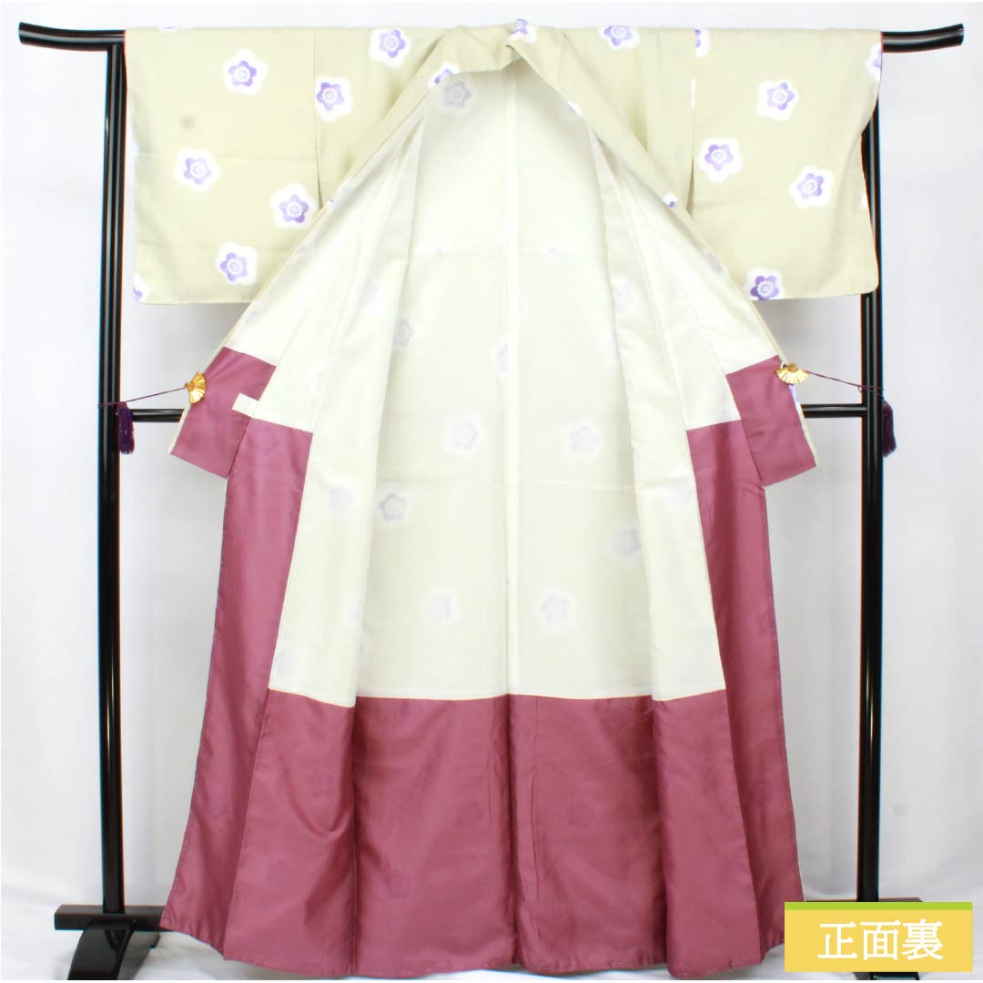 Komon (small pattern) kimono, polyester, rank A, length 165cm, sleeve length 66cm, lined, sulfur-colored (iou-iro) floral pattern, with basting thread, washable, green, 1115007023519
