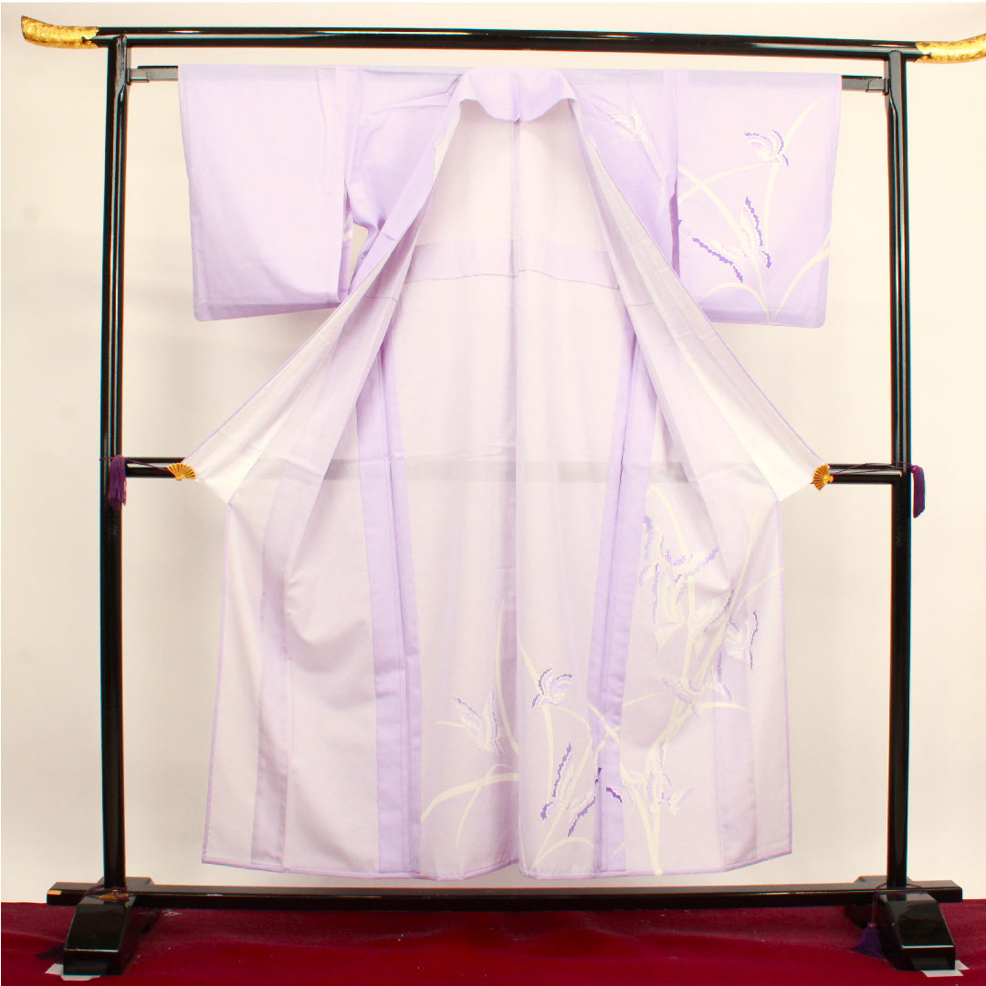 夏物 ポリエステル 訪問着 身丈152cm 裄丈61.5cm 淡紫色（たんししょく） 洗える着物 蝶 絽 Sランク 紫系 1132000682220