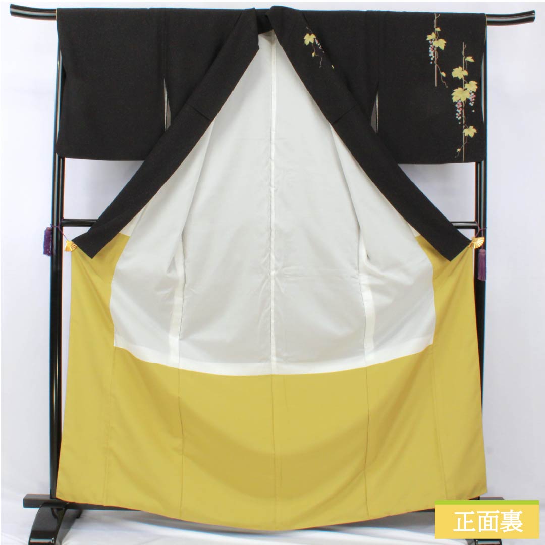 Visiting Kimono, Polyester, S Rank, Lined, Length 166.5cm, Sleeve Length 68cm, Designed by Kansai Yamamoto, Grape Pattern, Washable, Tsukesage, Black, Product Number: 1112006942510