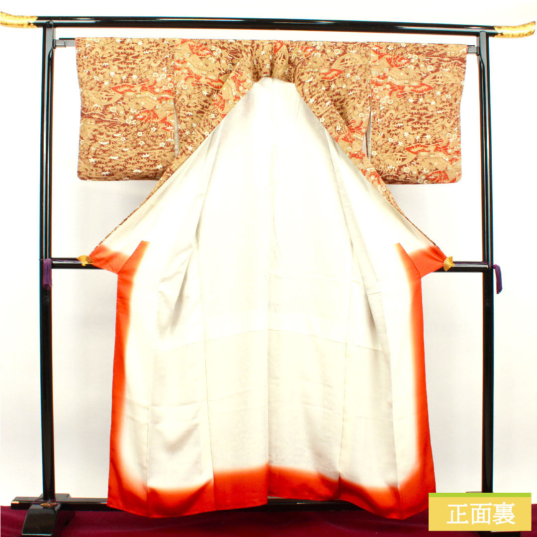 小紋 正絹 身丈157cm 裄丈64.5cm 袷  濃茶色 茶屋辻 松竹梅  Sランク 茶系 1115003602314