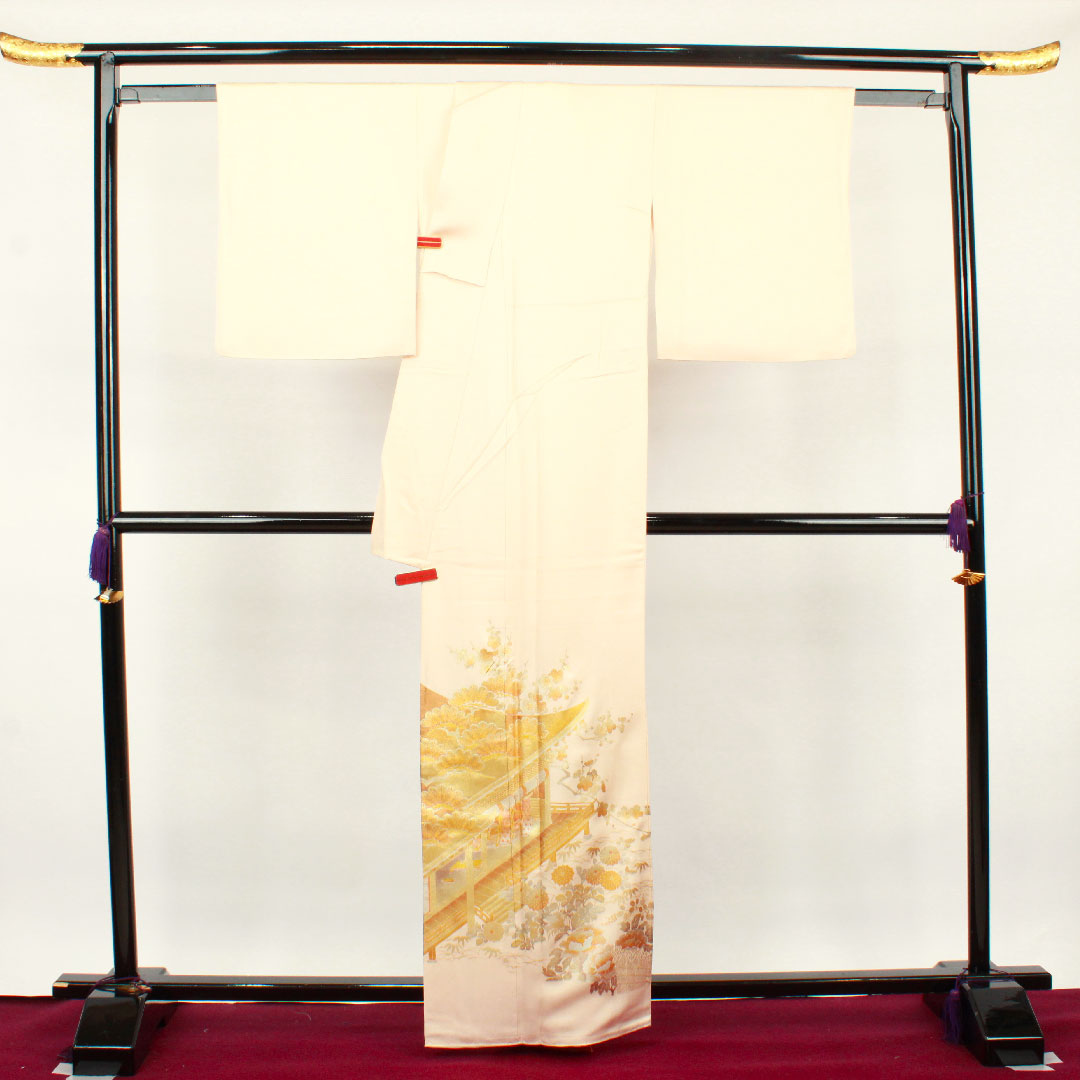 色留袖 身丈161.5cm 裄丈65.5cm 袷 和田光正 金彩友禅 薄肉色 時代風景模様 正絹 Sランク 一つ紋 クリーム系 1111000662415