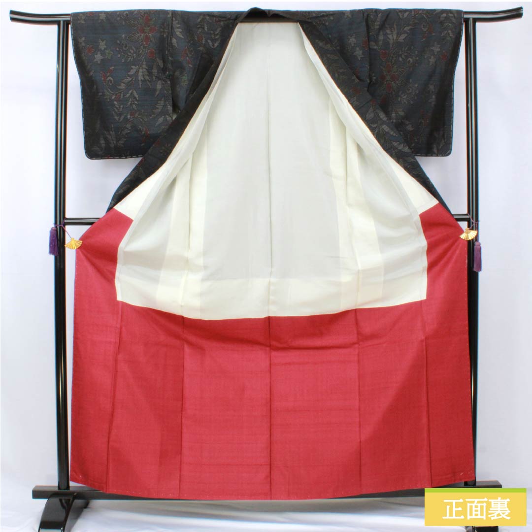Pure silk tsumugi (pongee) - S rank, length 164.5cm, sleeve length 60.5cm, Oshima tsumugi with a double horizontal kasuri pattern and floral motifs, lined, navy blue, product number 1116004602418