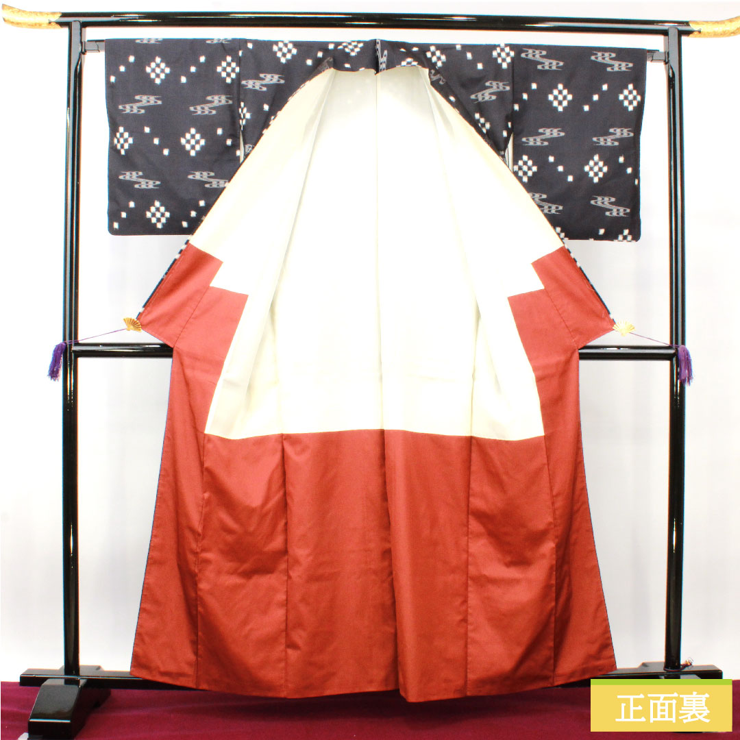 Tsumugi silk Length 161cm Sleeve length 66.5cm Blue-brown Ryukyu Kasuri S rank Awase Navy 1116003392418