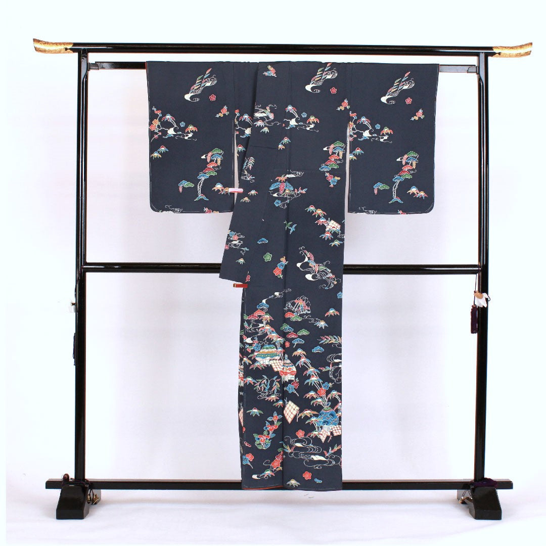 訪問着 袷 身丈157cm 裄丈64cm 型染 正絹 Sランク 紺系 1112000602318