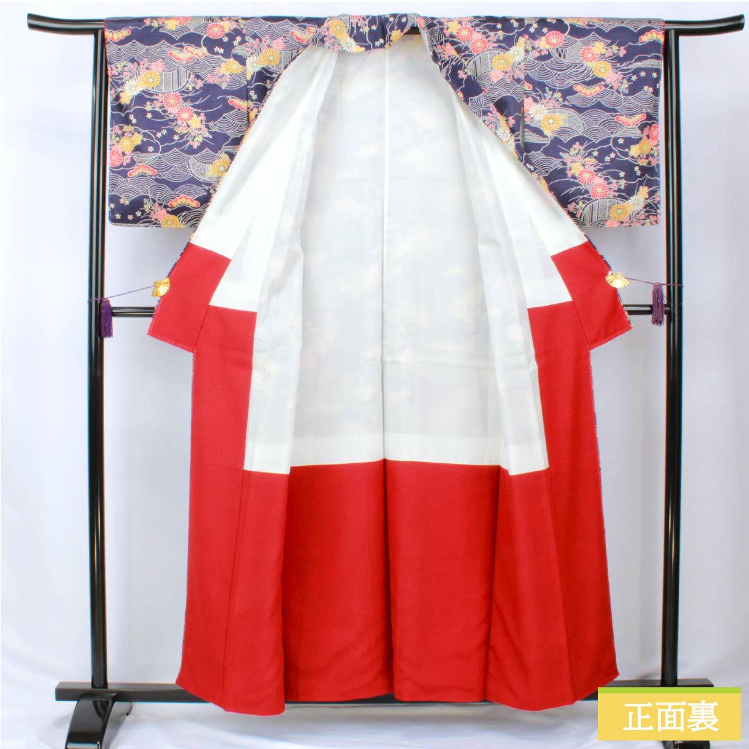 Komon (small pattern) kimono, pure silk, length 157cm, sleeve length 63cm, lined, stencil-dyed, Seigaiha (wave) pattern, pine and flower pattern, S rank, navy blue, 1115005902318