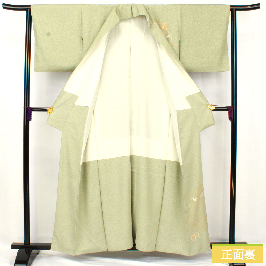 訪問着 正絹 袷 身丈155cm 裄丈62cm 裏葉色（うらはいろ） 京友禅 タタキ染 草花模様 作家物 Aランク 緑系 1112005413319