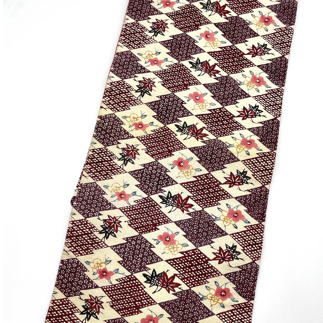 名古屋帯 二人静色 紅葉 花柄 松皮菱 帯丈320cm 正絹 Bランク 六通 カジュアル 紫系 1124004734320  名古屋仕立て