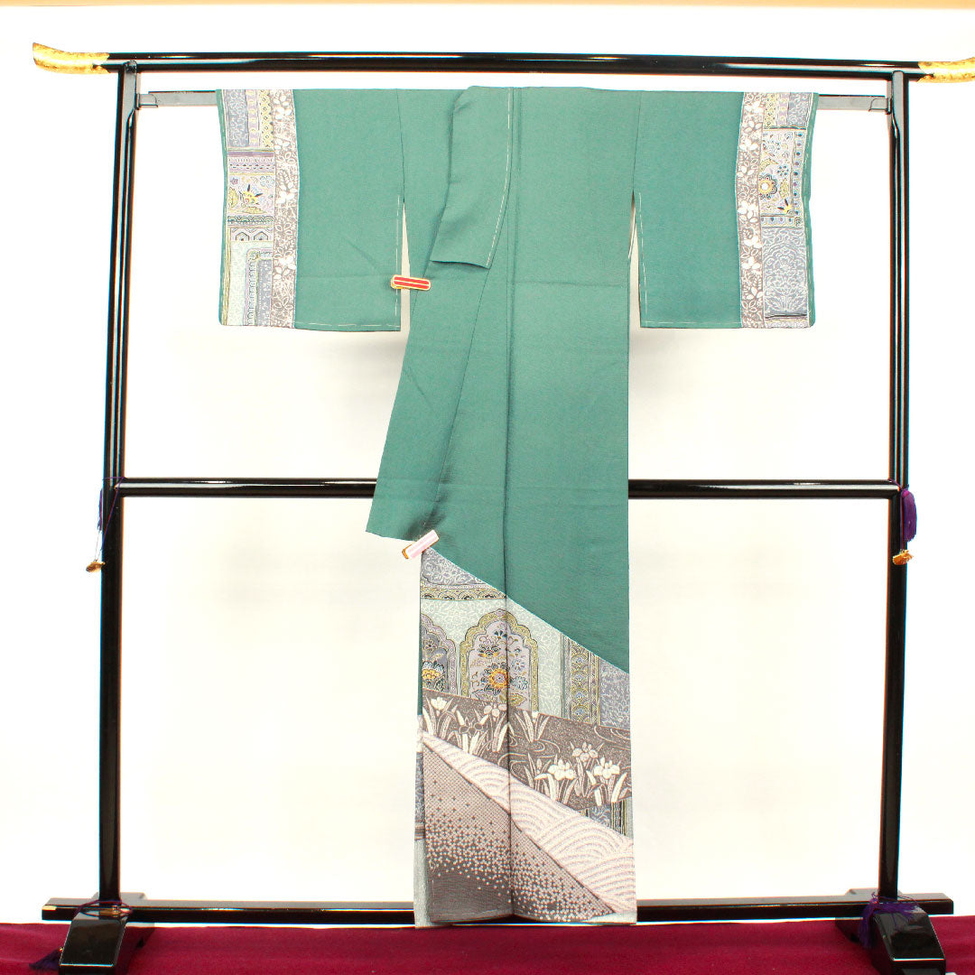 訪問着 袷 身丈156.5cm 裄丈65cm 未使用品 深川御納戸色 更紗模様 しつけ糸付き 正絹 Sランク 緑系 1112002102319
