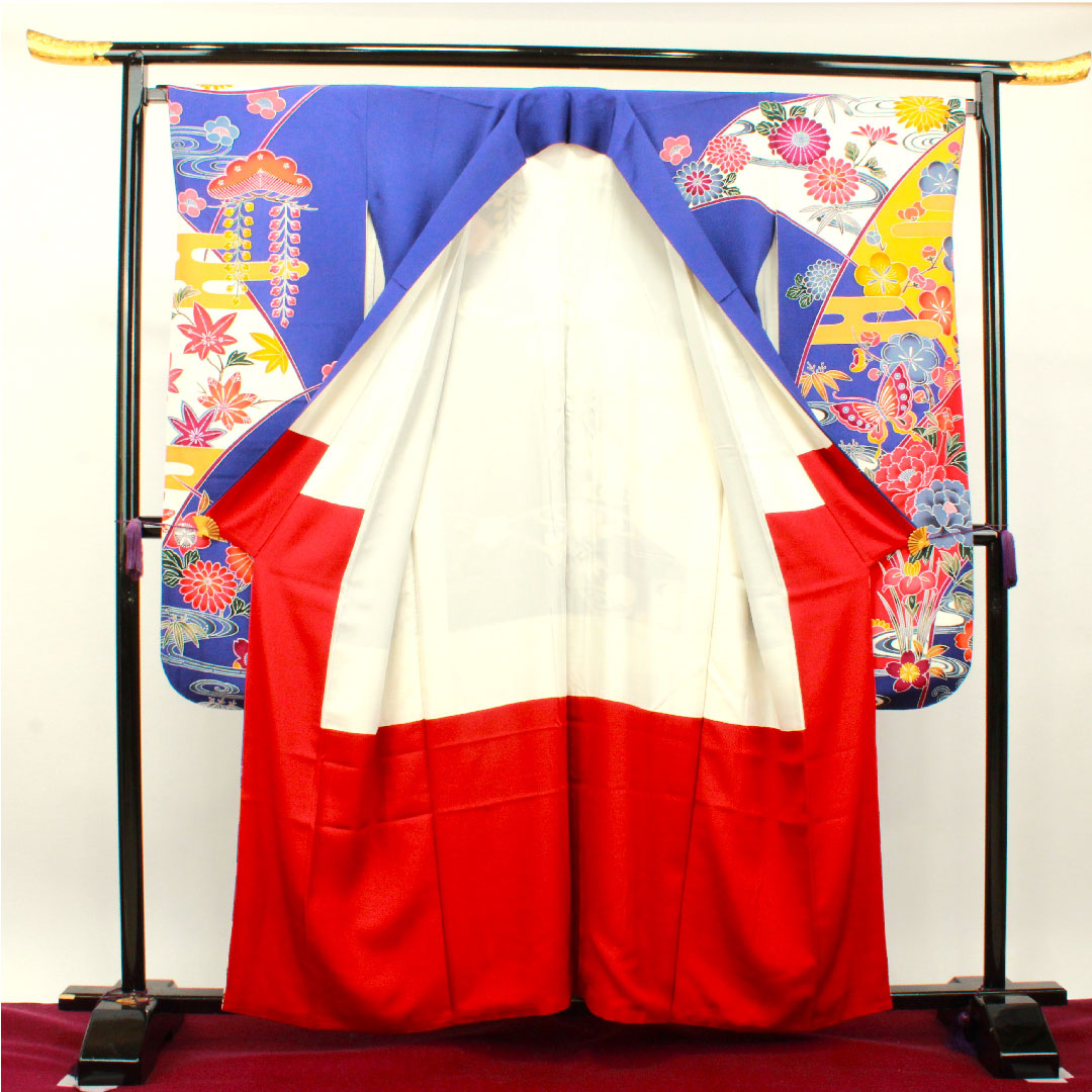 振袖 身丈159cm 裄丈67cm 袷  桔梗色 京紅型 吉祥文様  正絹 Aランク 紺系 1113001703318
