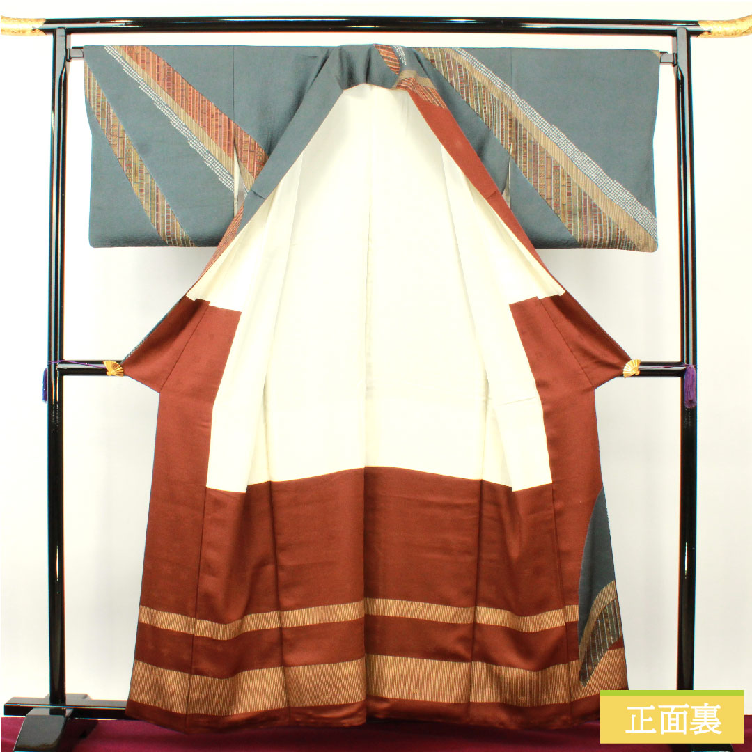 訪問着 正絹 袷 身丈159.5cm 裄丈67.5cm 納戸鼠色（なんどねずいろ） 茶褐色（ちゃかっしょく） 京友禅 抽象模様 Aランク グラデーション系 1112004533399
