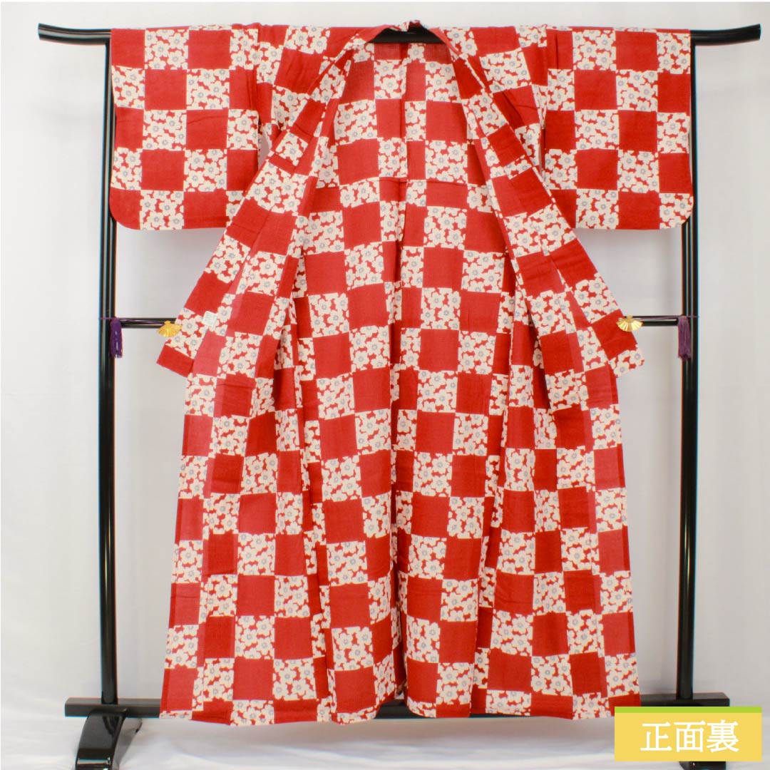 Yukata Cotton Length 157cm Sleeve length 67cm B rank Single layer Vermilion Deep maple color (Koimomijiiro) Checkered pattern Cherry blossoms Fumatsuan 1118005524316