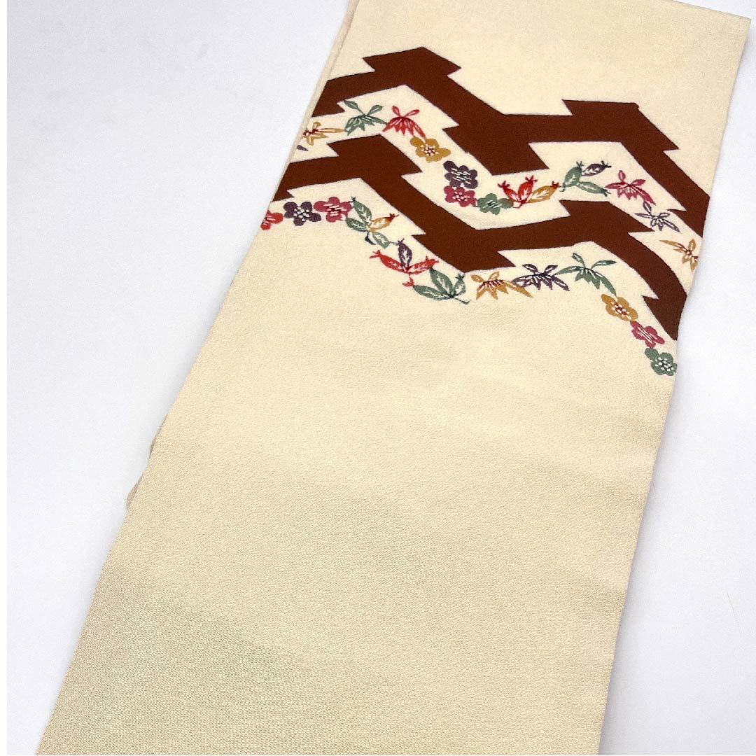 Nagoya obi, natural color, stencil dyeing, floral pattern, obi length 359cm, pure silk, A rank, point pattern, casual, cream color, 1124003623315, Nagoya style
