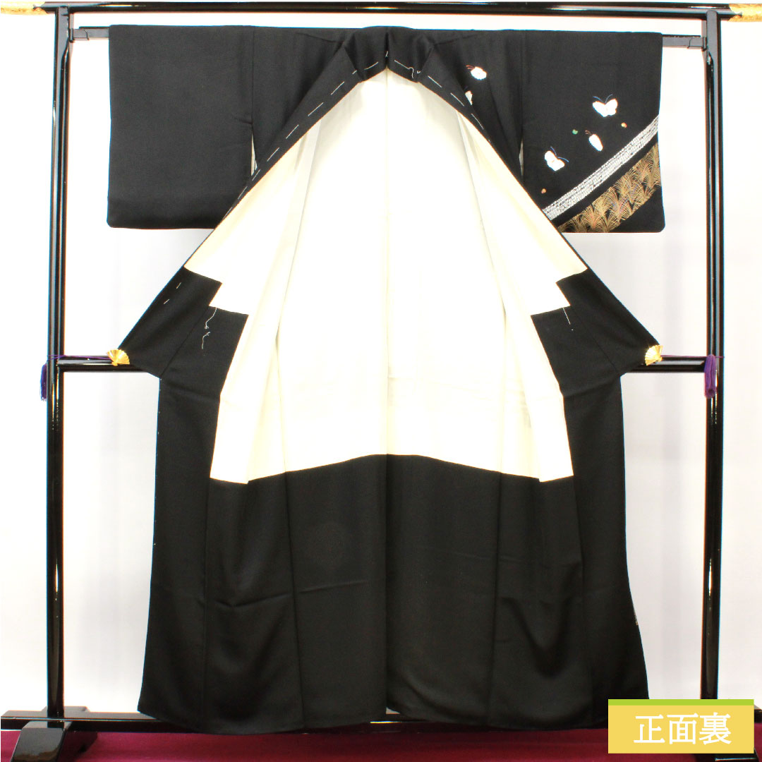 Homongi, pure silk, lined, length 157.5cm, sleeve length 63.5cm, tie-dye pattern, butterfly, A rank, black, 1112004393310
