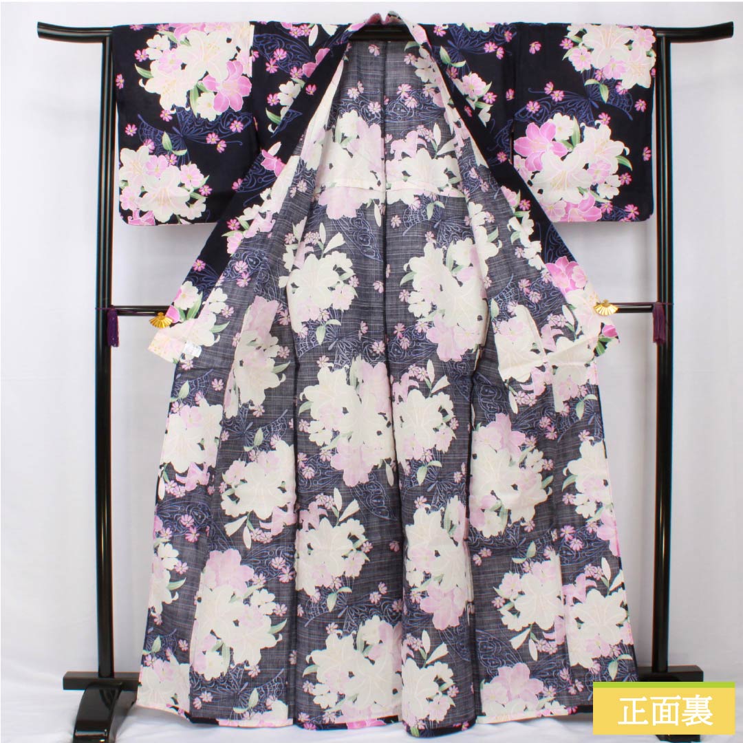 Yukata Cotton Length 166.5cm Sleeve length 65.5cm NEW rank Single layer Navy blue (Nukon-iro) Brand new unused item Comes with pre-tied obi Butterfly 1118005571518