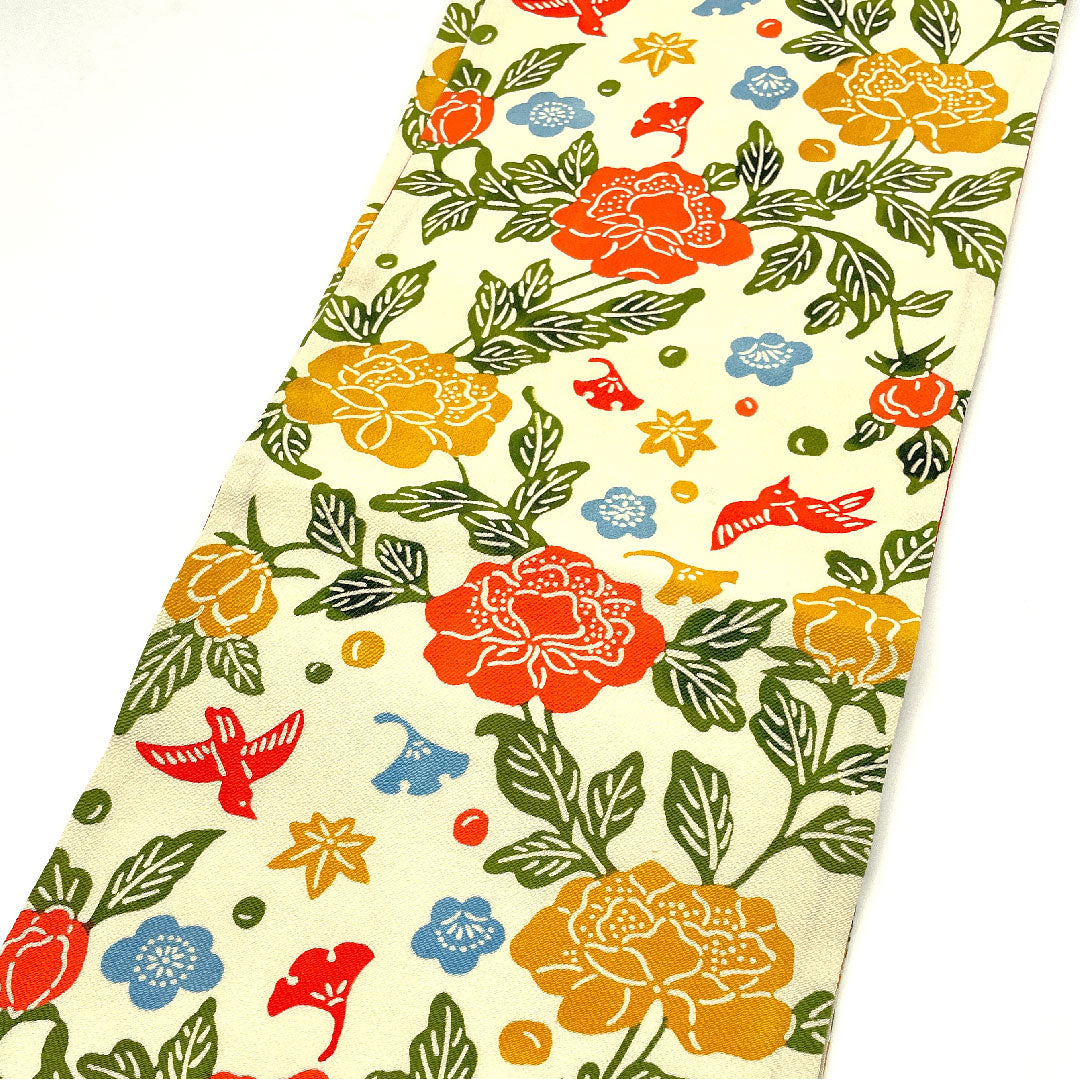 Nagoya obi, stencil-dyed obi, flower and bird pattern, obi length 378cm, pure silk, A rank, full length, casual, cream color, 1124002033315