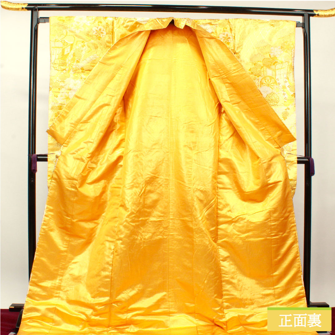 色打掛 正絹 身丈196cm 裄丈67cm  唐織 金糸 御所車 松竹梅 吉祥文様 Sランク 袷 金系 1110000762921