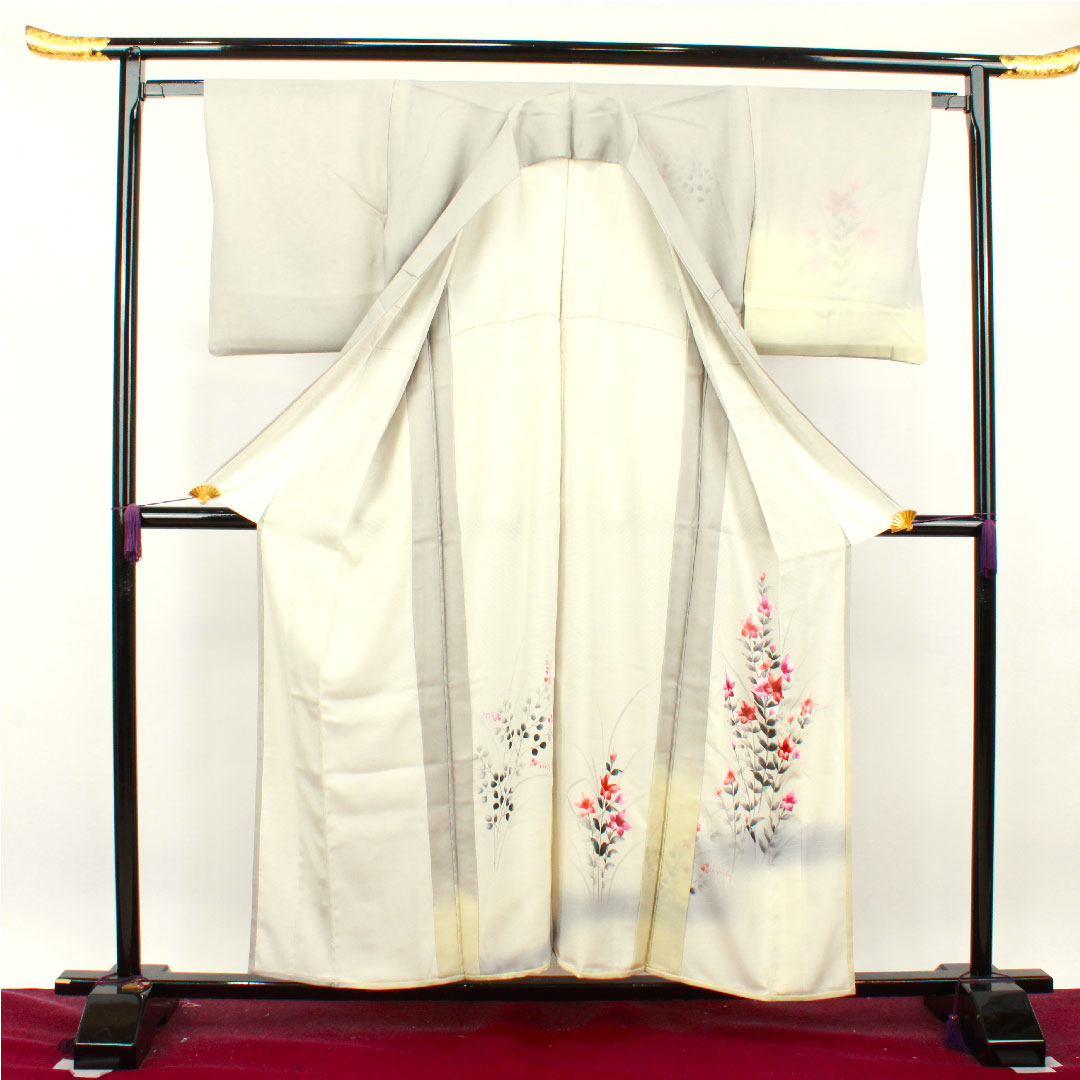 夏物 正絹 訪問着 身丈157cm 裄丈63.5cm 雲井鼠色（くもいねずいろ） 草花模様 二重紗 Aランク グレー系 1132001543322