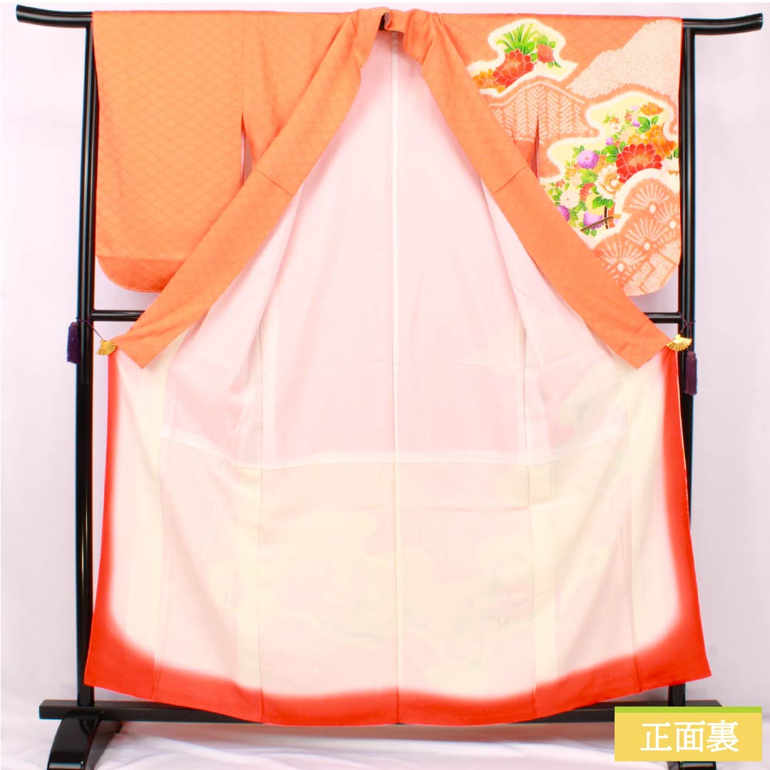 Visiting Kimono, Pure Silk, A-Rank, Lined, Length 158cm, Sleeve Length 62cm, Red-Orange, Kyoto Yuzen Dyed, Auspicious Motif, Neriko Diamond, Flower, Orange, Item Number 1112007513326