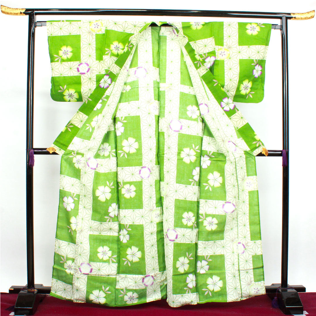Yukata, Evergreen, Pink, Asanoha, Cotton, S Rank, Single Layer, Length 165.5cm, Sleeve Length 66cm, Green, 1118002722519