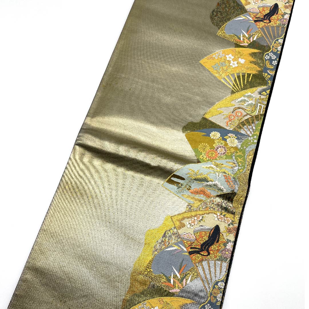 【未仕立】袋帯 正絹 Aランク 紀州茶色（きしゅうちゃいろ） 紫式部 扇 一蔵  帯丈462cm 六通 フォーマル グレー系 1123007943422