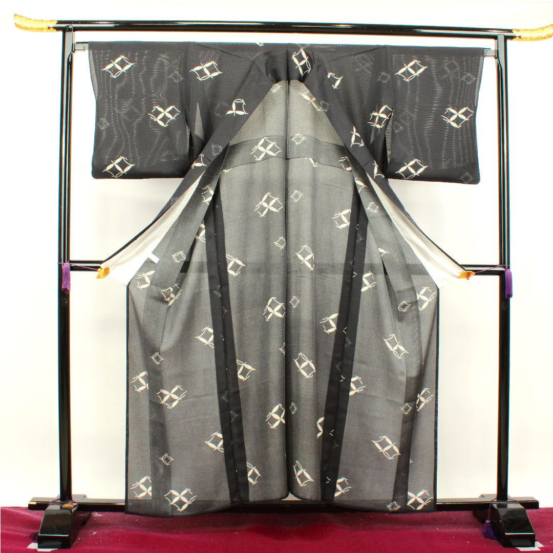 Summer item, pure silk, small pattern, length 157.5cm, sleeve length 65cm, Shippo, silk, S rank, black, 1132001522310