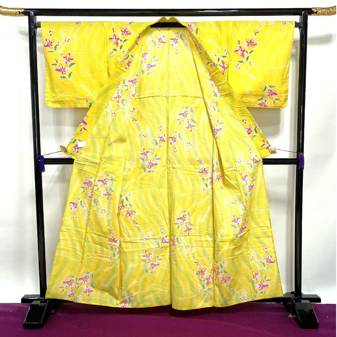 Yukata, Sunflower color, Wind chimes and flower pattern, Cotton, A rank, Single layer, Length 161.5cm, Sleeve length 69cm, Yellow, 1118001033423