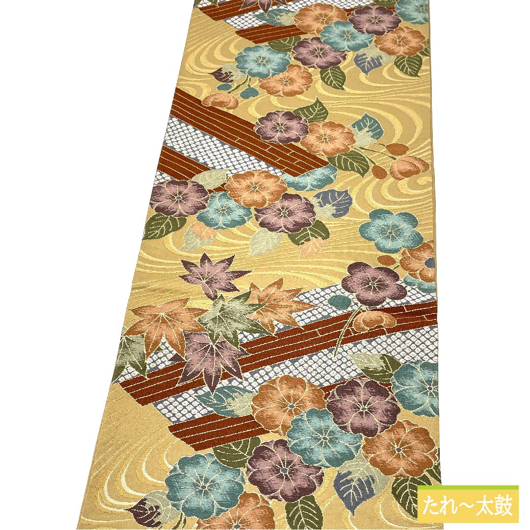 Fukuro Obi, pure silk, Yamabuki Nezuiro (Yamabuki gray), maple leaves, Shirayaen Oba, classic pattern, floral pattern, obi length 433cm, S rank, six-pass, formal, beige, 1123011322325