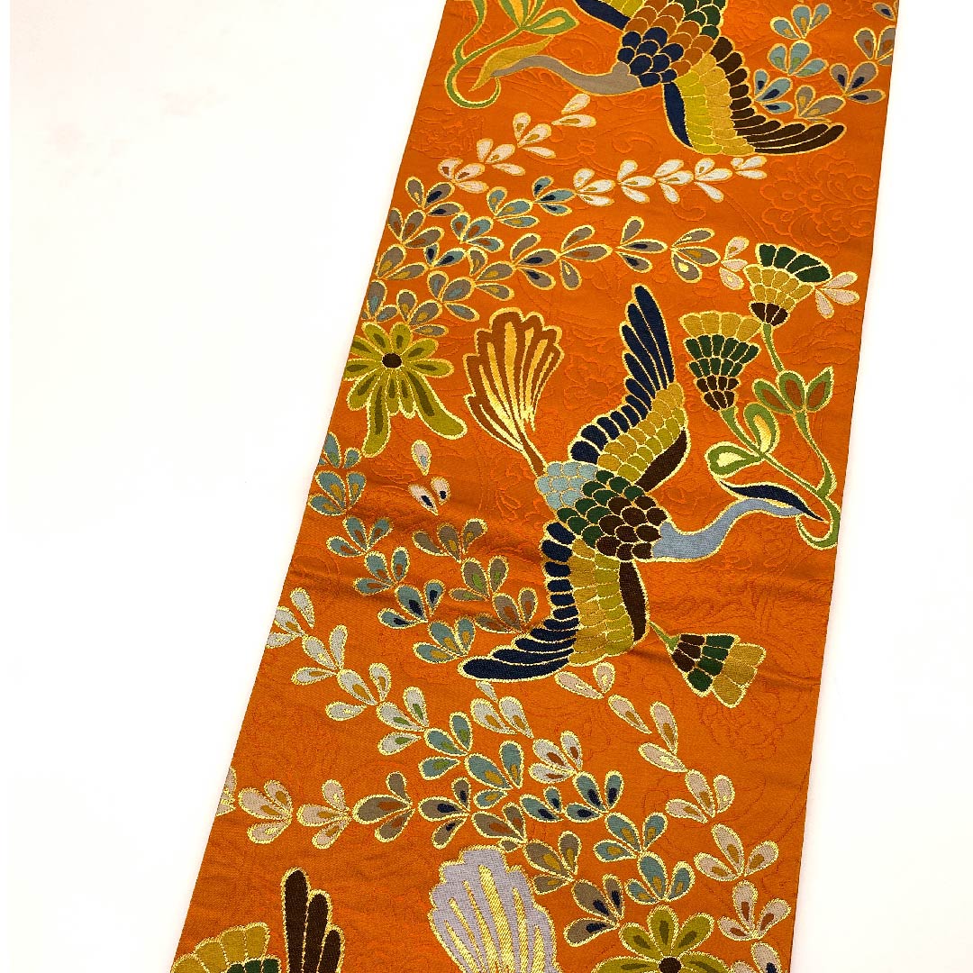 Carrot-colored Fukuro Obi (Bag Belt) with Phoenix Pattern, Shiraayaen Oba, Length 432cm, Pure Silk, S Rank, Six-pass, Formal, Orange, 1123008912326