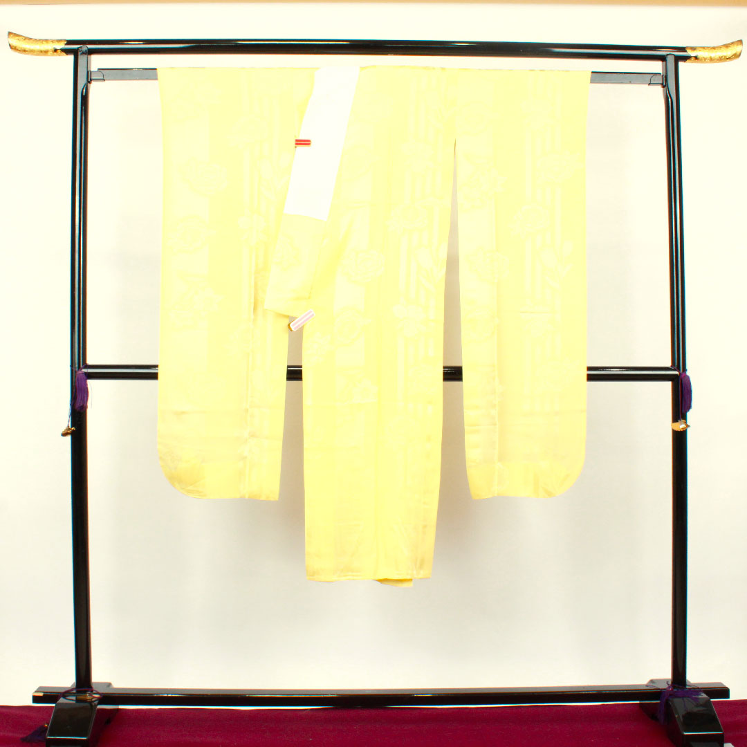 Long undergarment, pure silk, length 122cm, sleeve length 63.5cm, lined, for long-sleeved kimono, with embroidered collar, floral pattern, S rank, yellow, 1129000362123