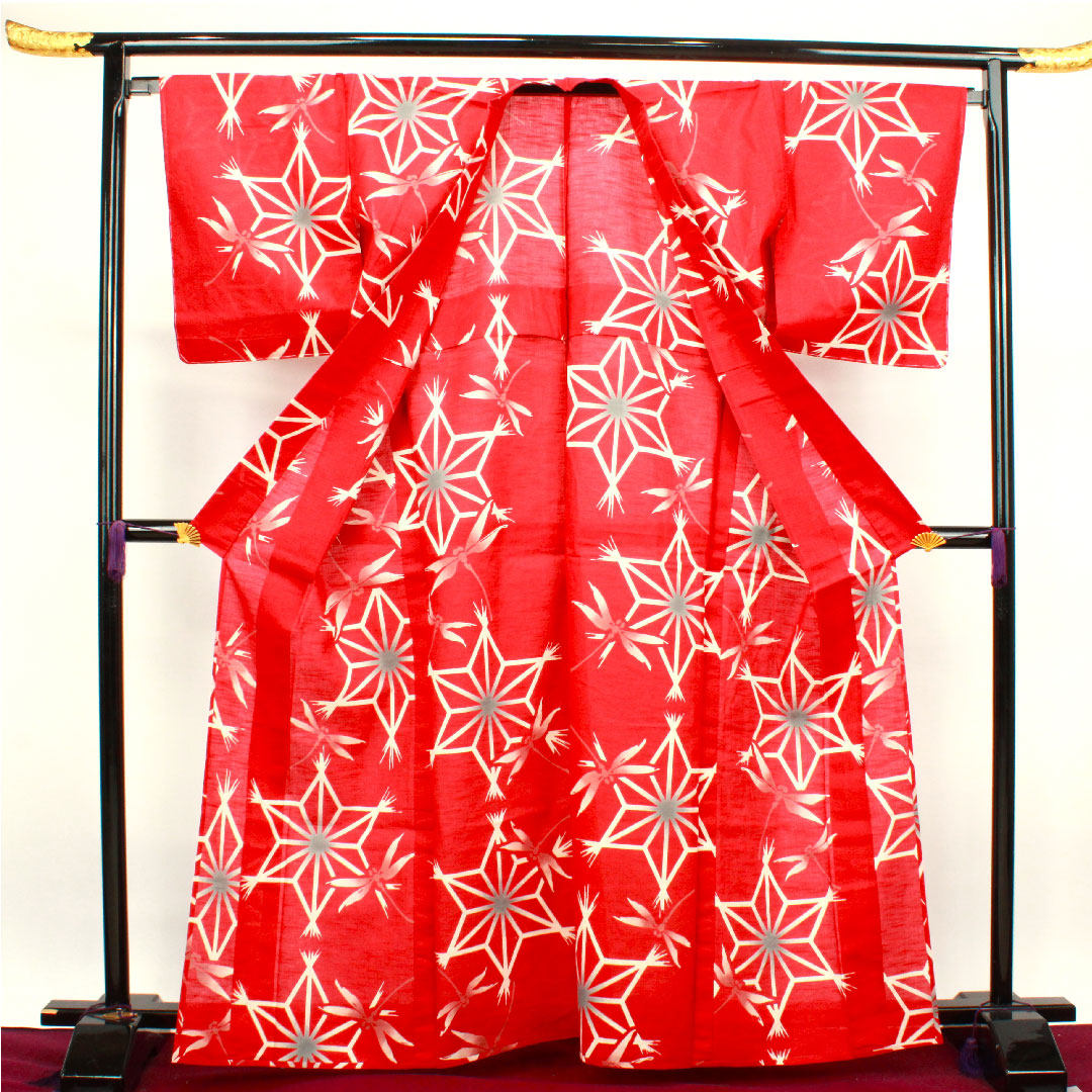 Yukata with basting thread, unused, western crimson, dragonfly, cotton, S rank, single layer, length 165cm, sleeve length 68cm, red, 1118002152512