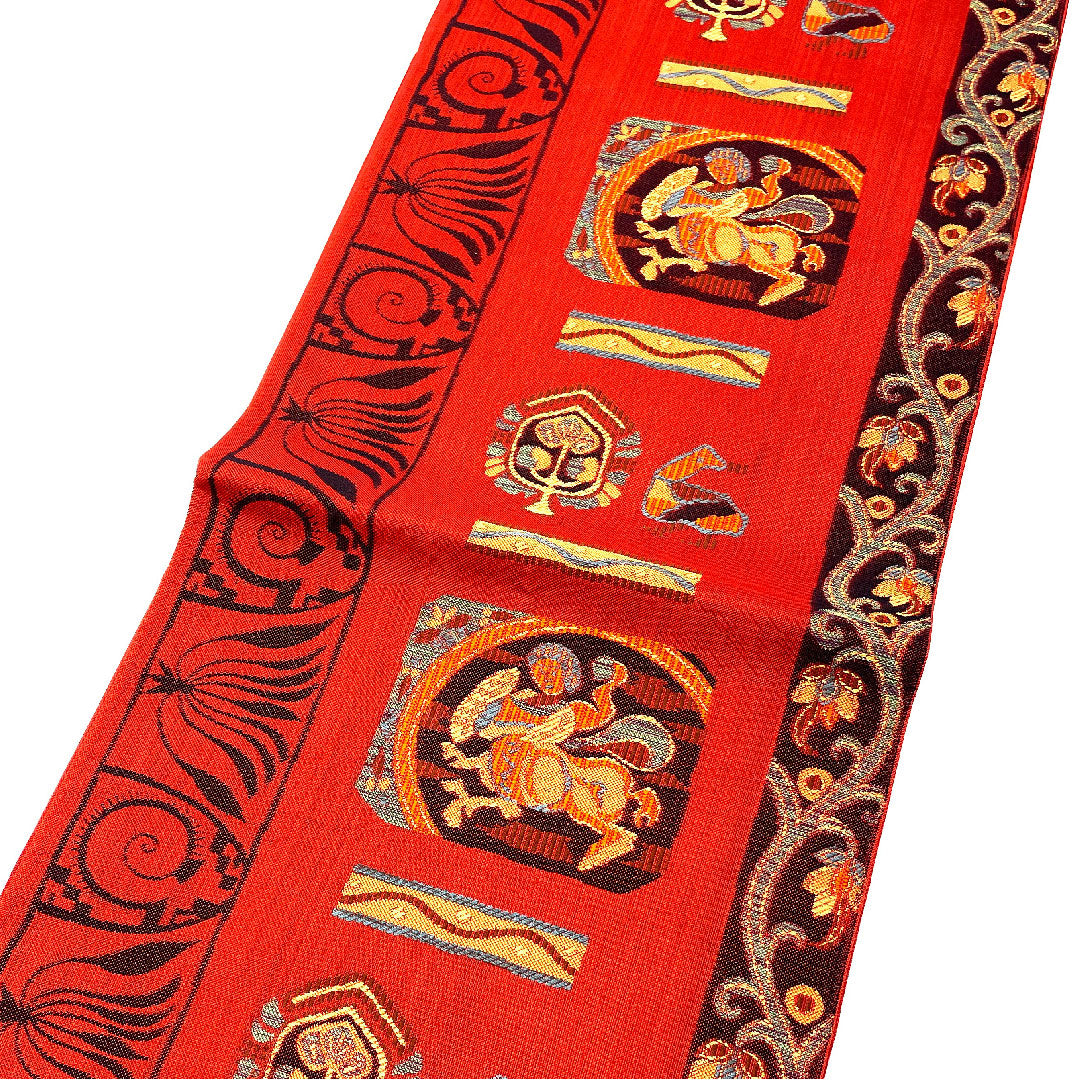 Fukuro Obi with Mural Pattern, Length 428cm, Pure Silk, S Rank, Six-way, Casual, Red, 1123003642312