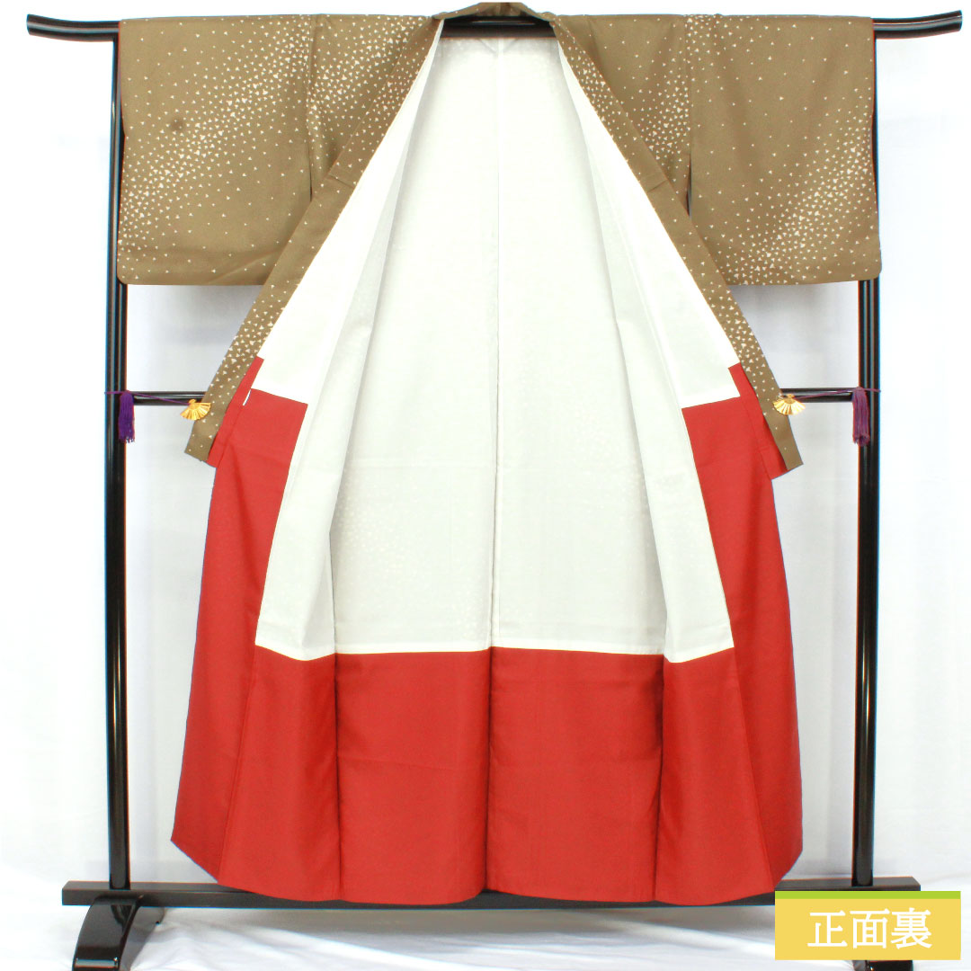 Small pattern, polyester, length 156cm, sleeve length 66.5cm, lined, antique brown, washable kimono, fan, S rank, green, 1115004602319