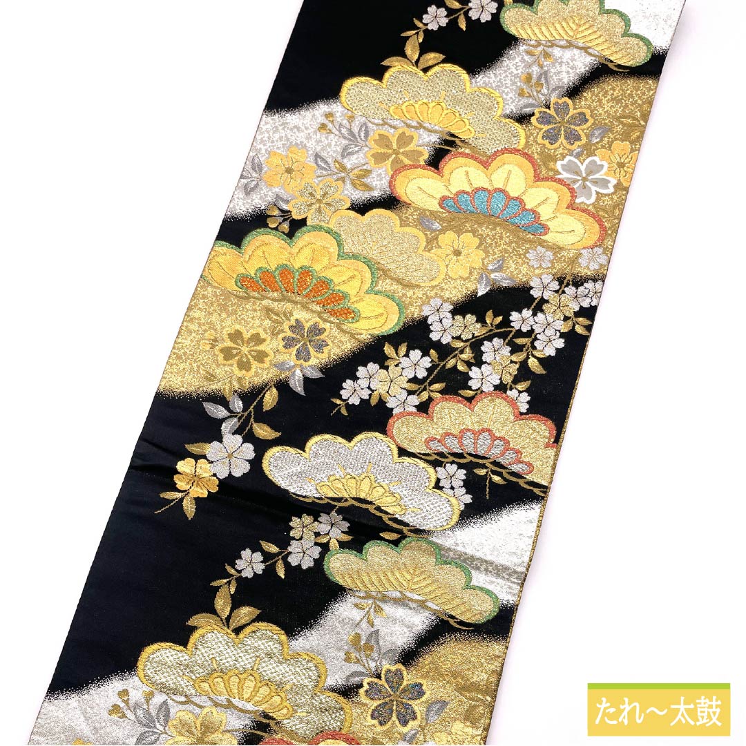 Formal black obi, pure silk, S-rank, Matsushima Orimono, cherry blossom pattern, 428cm long, six-fold hem, for furisode. Product code: 1123015752310