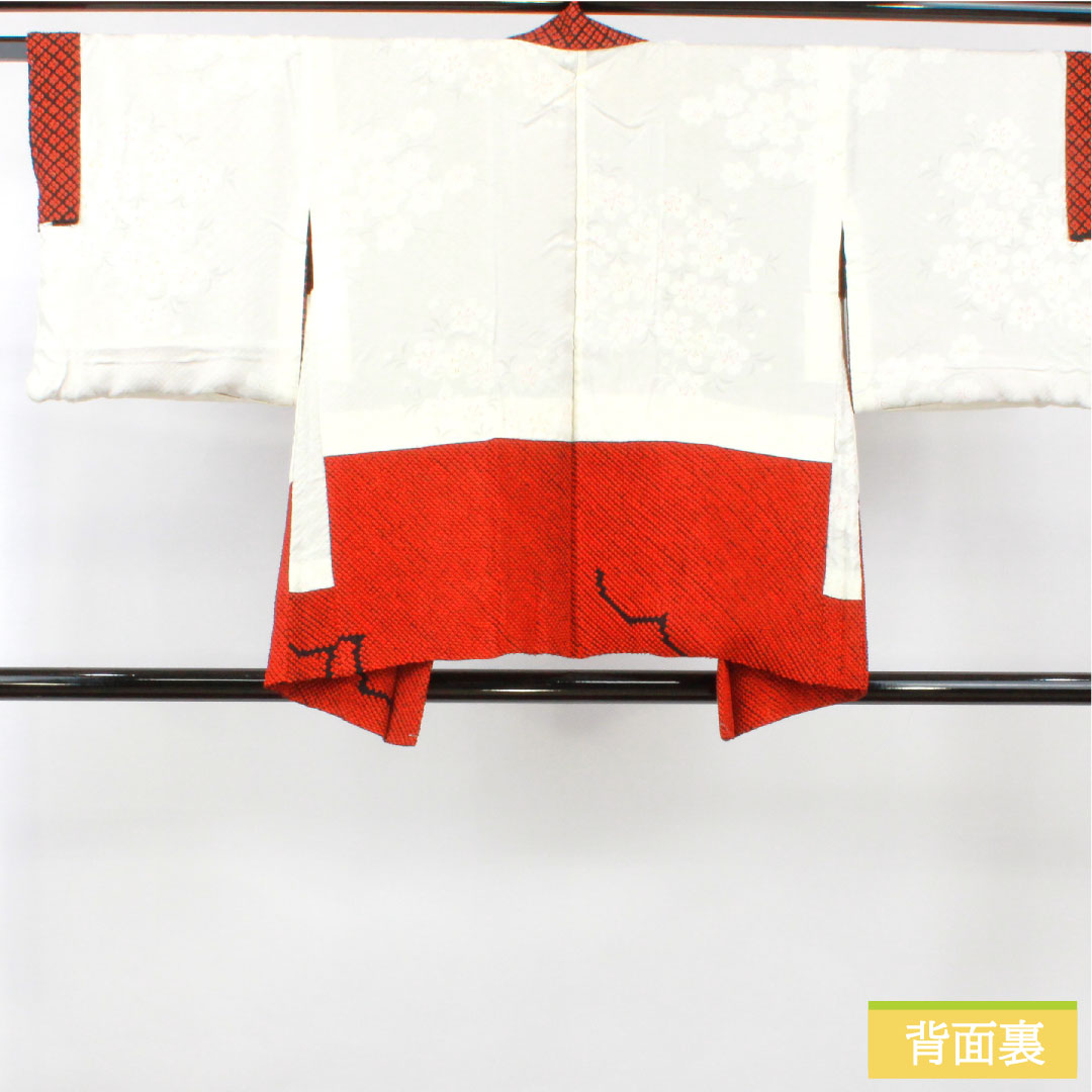 Haori (Japanese traditional coat) made of pure silk, length 75cm, sleeve length 65cm, scarlet, all-dyed, abstract pattern, with basting thread, S rank, lined, vermilion, 1117001052916